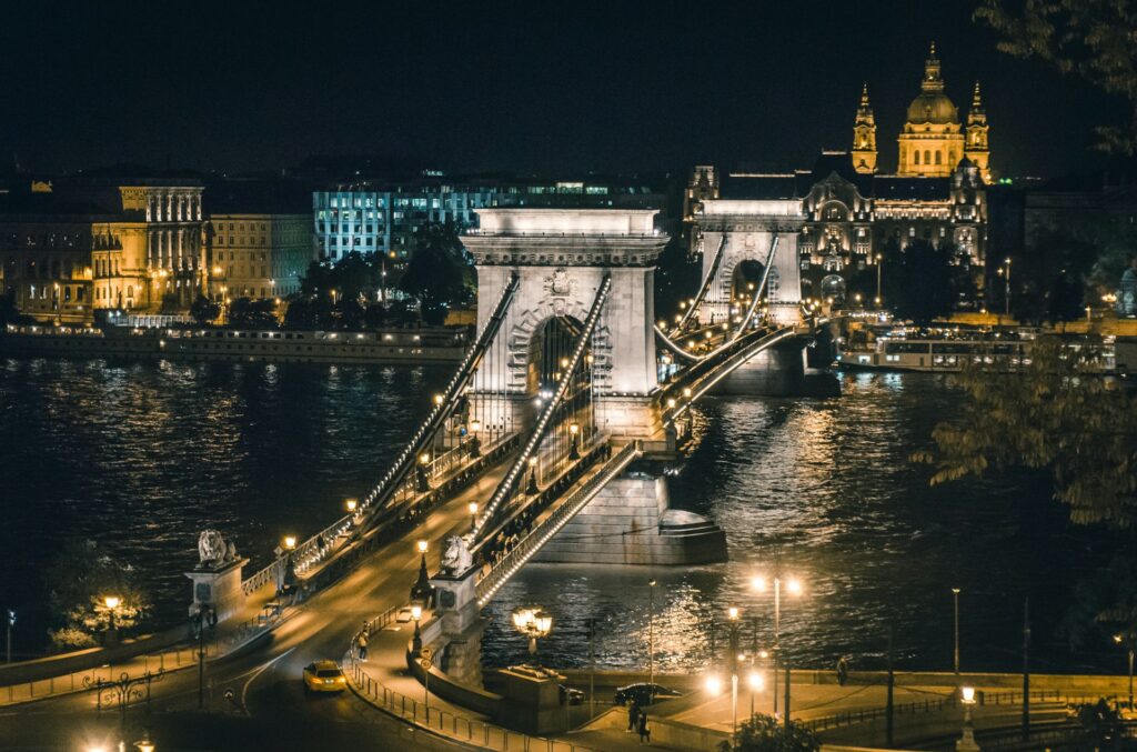 Stunning Chain Bridge in Budapest by night represent's the legendary nightlife of the city with it's vibrant vibes.