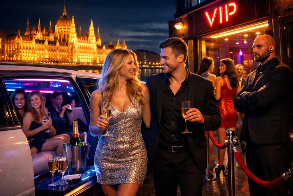 Airport to club party limo experience in Budapest, group arriving from the airport in a luxury limousine with VIP nightclub entrance and city lights in the background