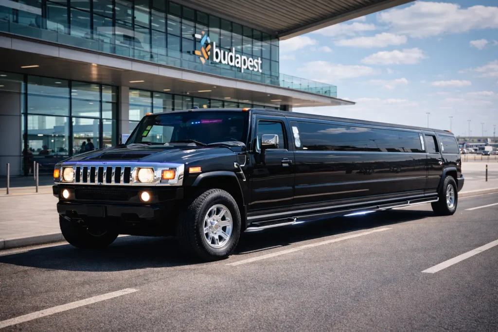 Black Hummer limo parked at Budapest Airport during daytime, premium airport limousine service showcasing professional chauffeur pickup and luxury transfer experience