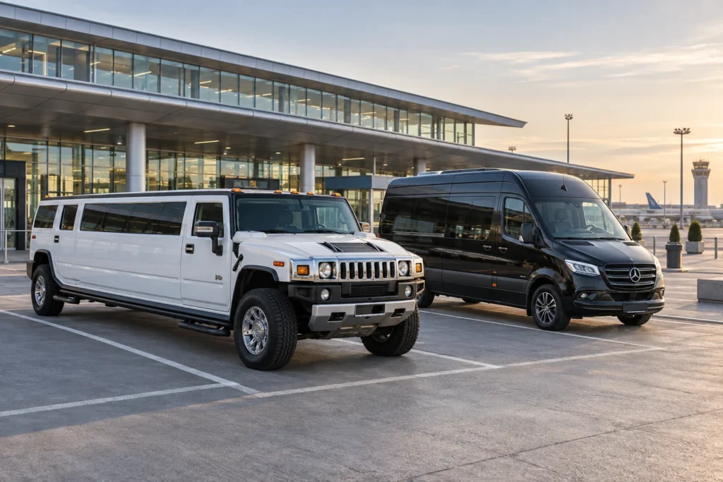 White Hummer limousine and black passenger minibus parked outside an airport terminal