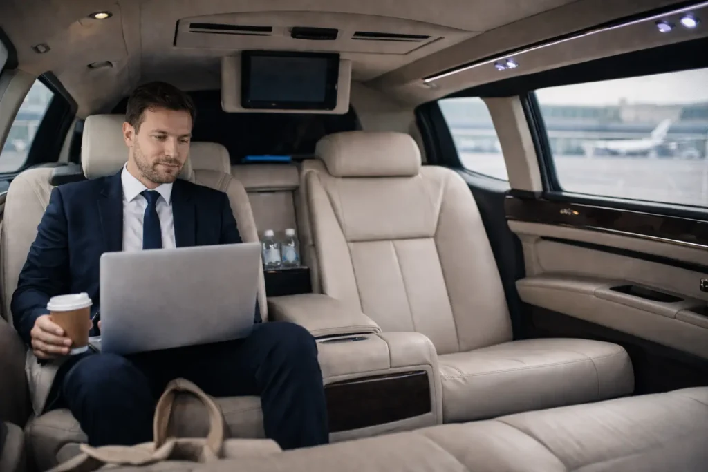 Business traveler working on a laptop inside a luxury airport limo in Budapest with premium interior and airport surroundings