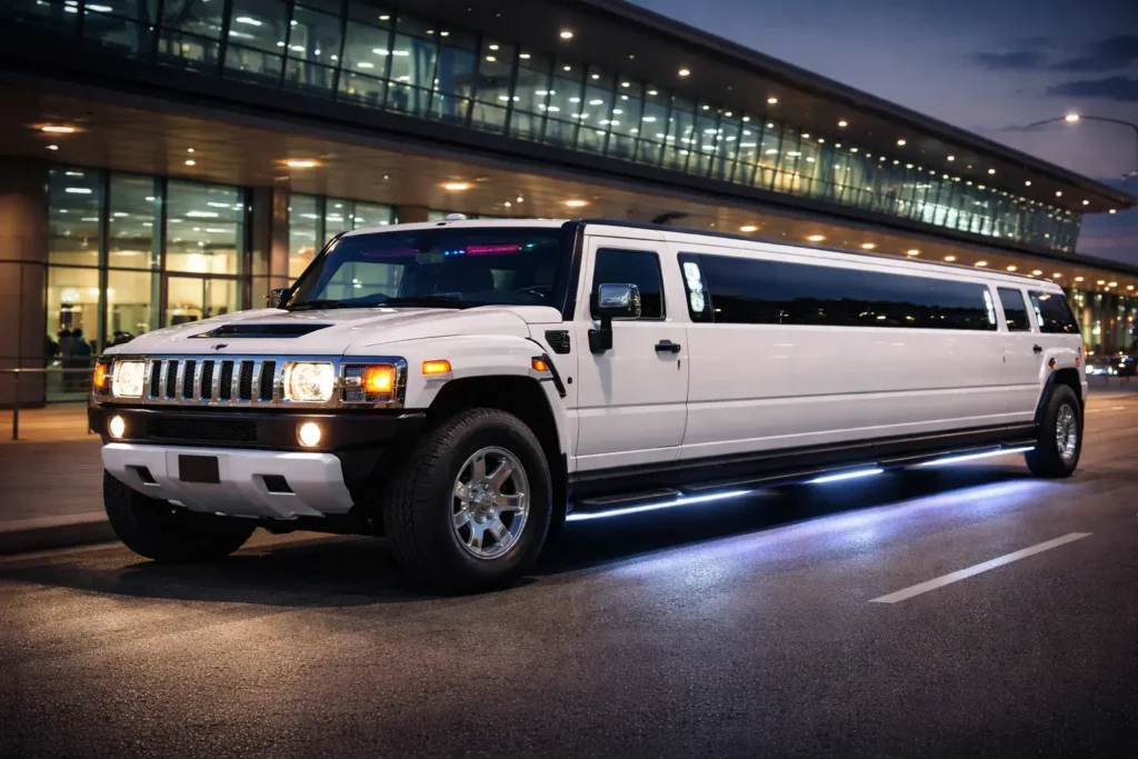  Hummer limo airport pickup in Budapest, luxury stretch limousine parked at the terminal for a premium airport transfer experience
