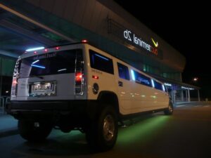 White Hummer Limousine in Budapest represents airport limo hire services.