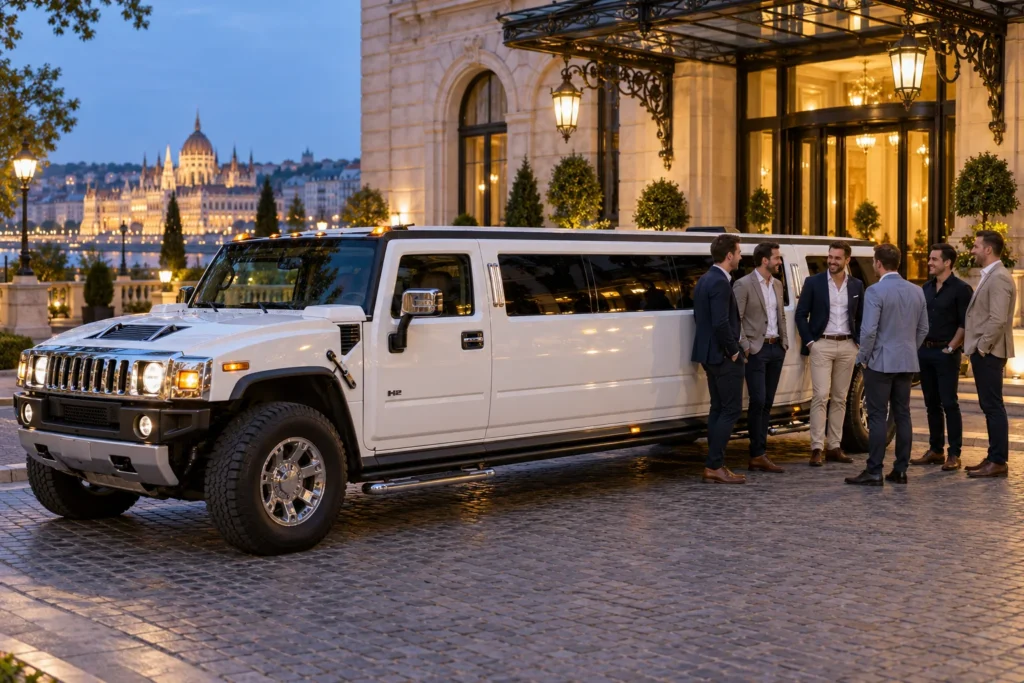 Six friends beside a white Hummer limousine outside a Budapest hotel at dusk