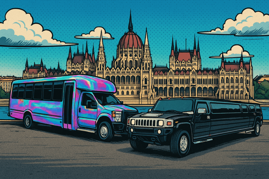 Comic-style illustration of a party bus and a Hummer limo side by side in front of the Hungarian Parliament building in Budapest.