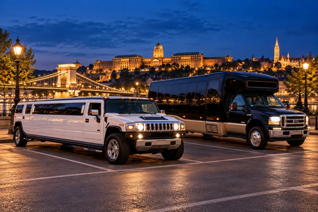 White Hummer limousine and black American-style party bus parked beside the Danube in Budapest