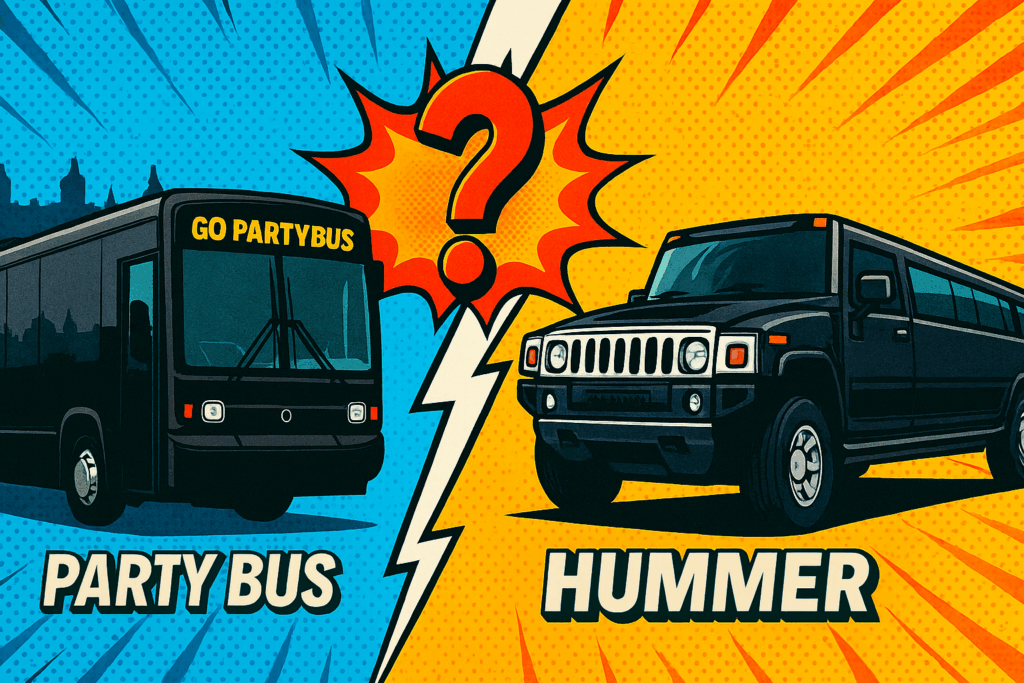 Comic-style illustration of a party bus and a Hummer limo facing each other in Budapest with a bold VS graphic in the center.