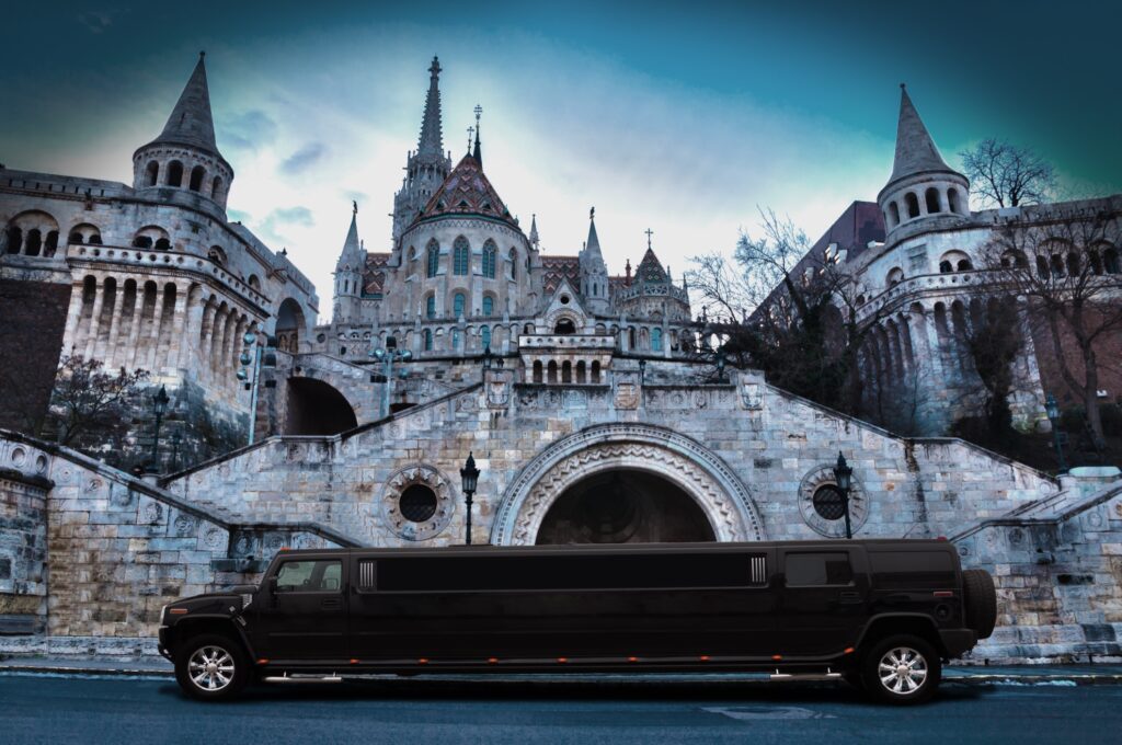 Black Hummer Limo parking at Buda castle perfectly represents the luxury transportation in Hungary.
