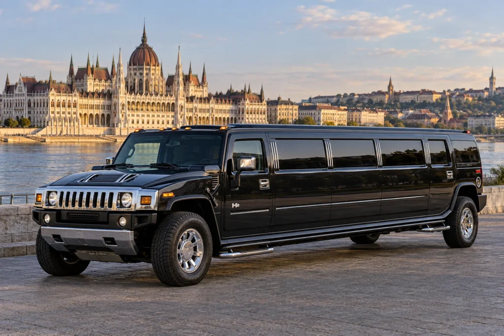 Black Hummer stretch limousine beside the Danube with the Hungarian Parliament in the background