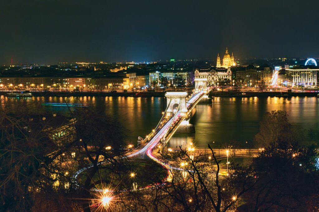 Night view of Budapest Chain Bridge lights, symbolizing luxury limo experience in the city