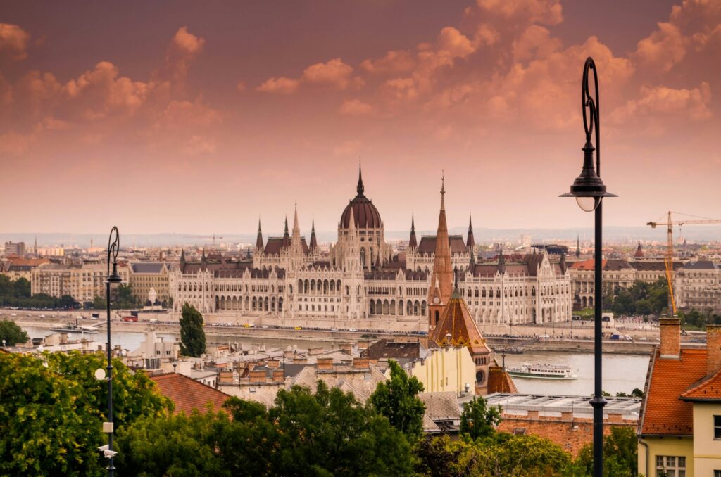View of Budapest Parliament at sunset, a luxury limo photo spot in the city