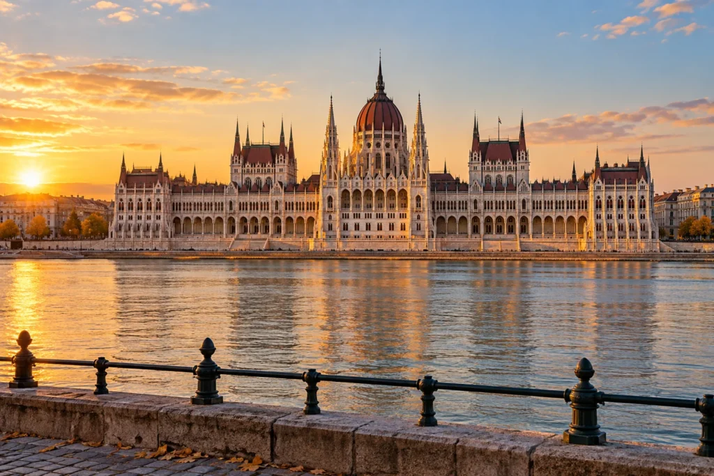 Hungarian Parliament across the Danube from a Budapest riverside viewpoint in warm evening light