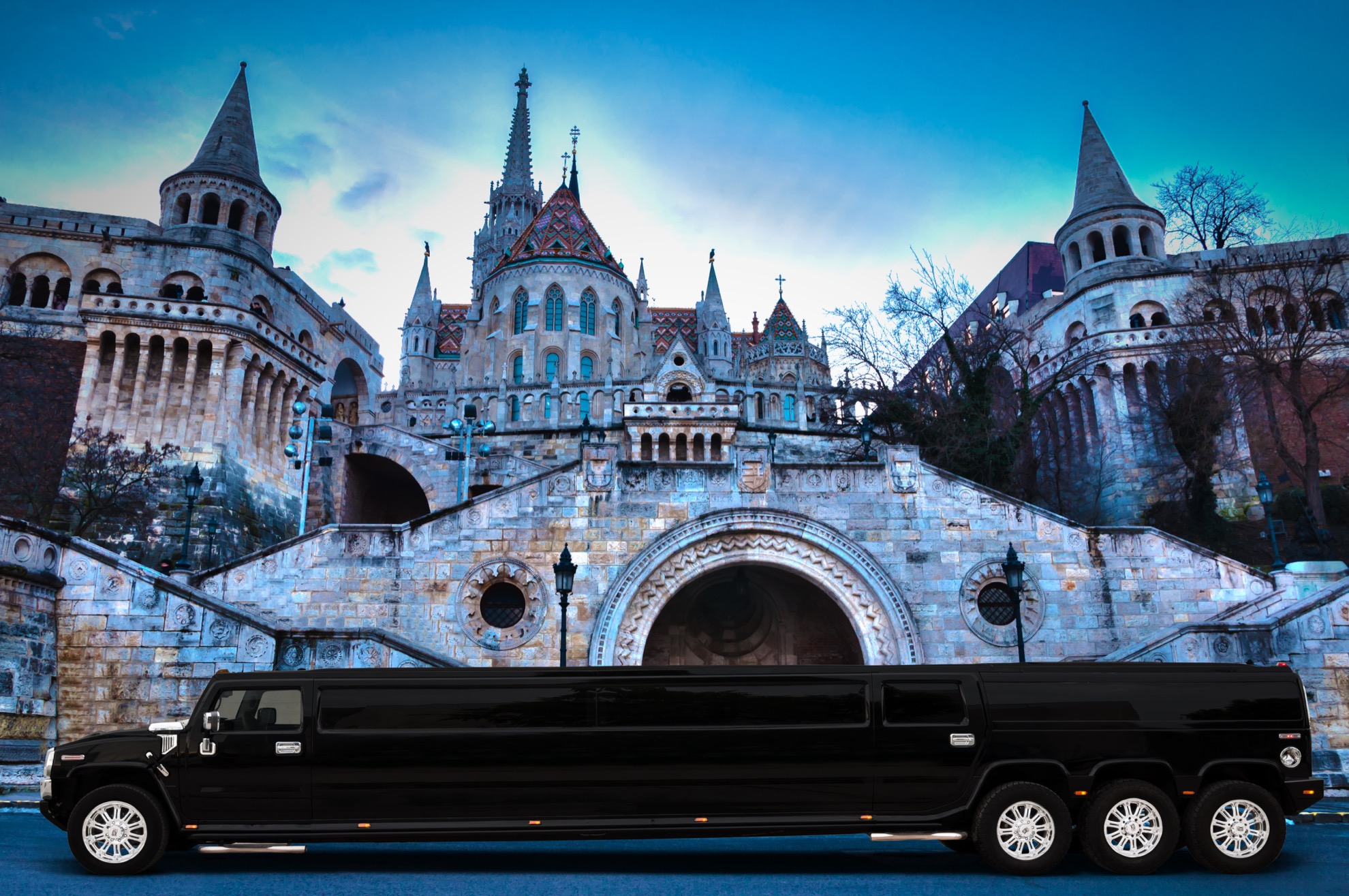 Hidden Budapest photo spots limo experience with black Hummer limousine at Fisherman’s Bastion