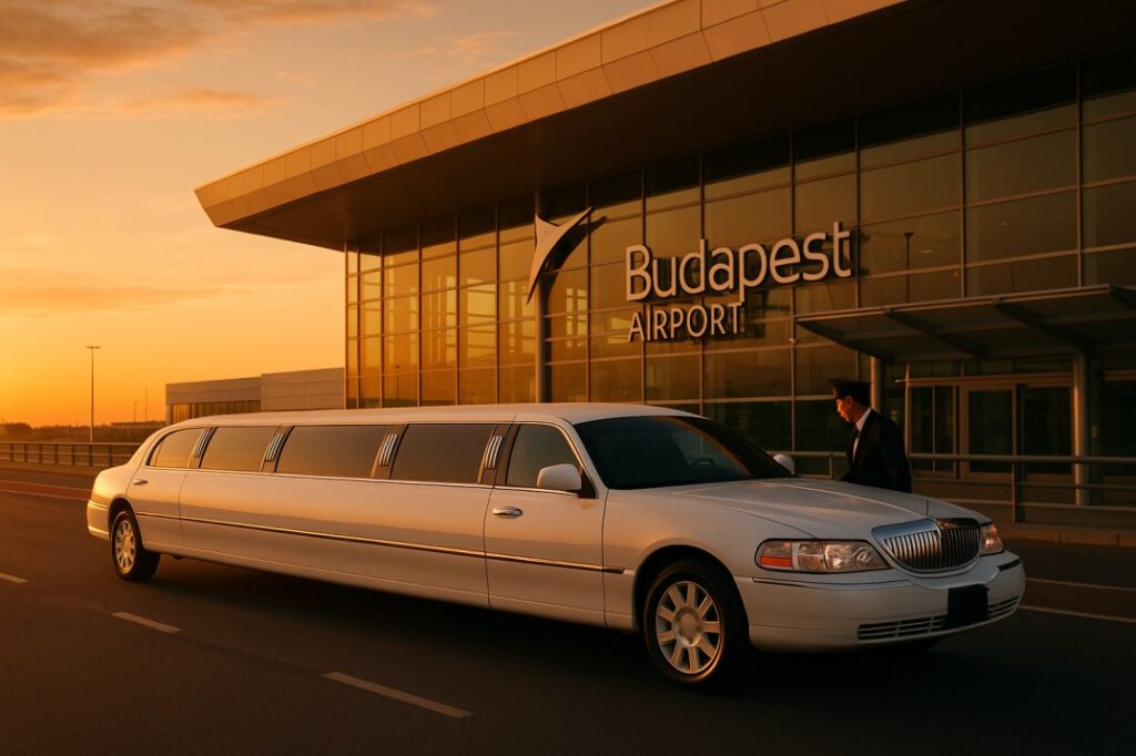 A white stretch limousine parked in front of Budapest Airport at sunset, with a chauffeur opening the door — representing the elegance and premium comfort of airport limousine rental Budapest services.