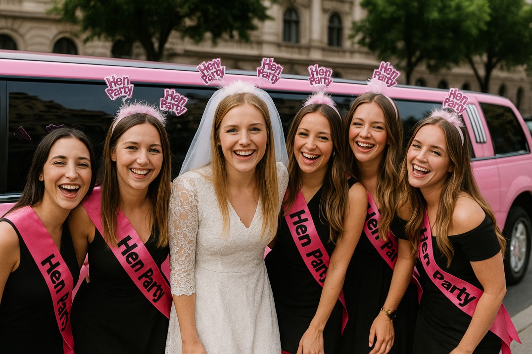 Group of women celebrating a hen party in a pink limousine at night in Budapest, symbolizing luxury bachelorette limo hire and party limousine rental.