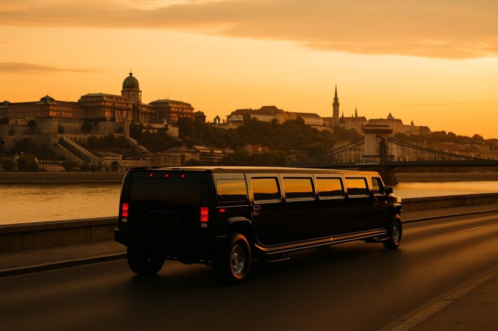 A sleek black Hummer limousine driving along the Danube River at sunset, with the Chain Bridge and Buda Castle glowing in the background — symbolizing elegance and premium style for limo services Budapest and luxury transfers Budapest.