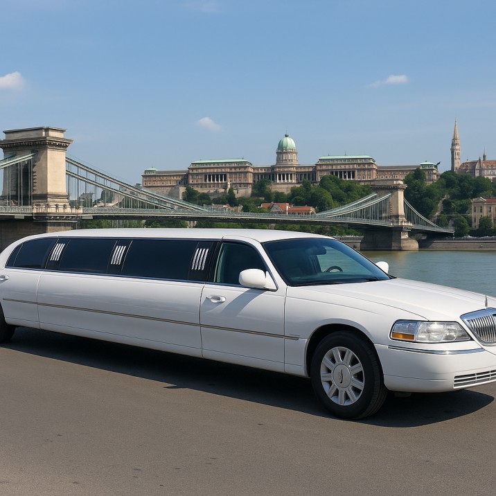 A white Lincoln stretch limousine parked by the Danube River in Budapest on a sunny day, with the Chain Bridge and Buda Castle in the background — showcasing the elegance of daytime limousine rental Budapest services.