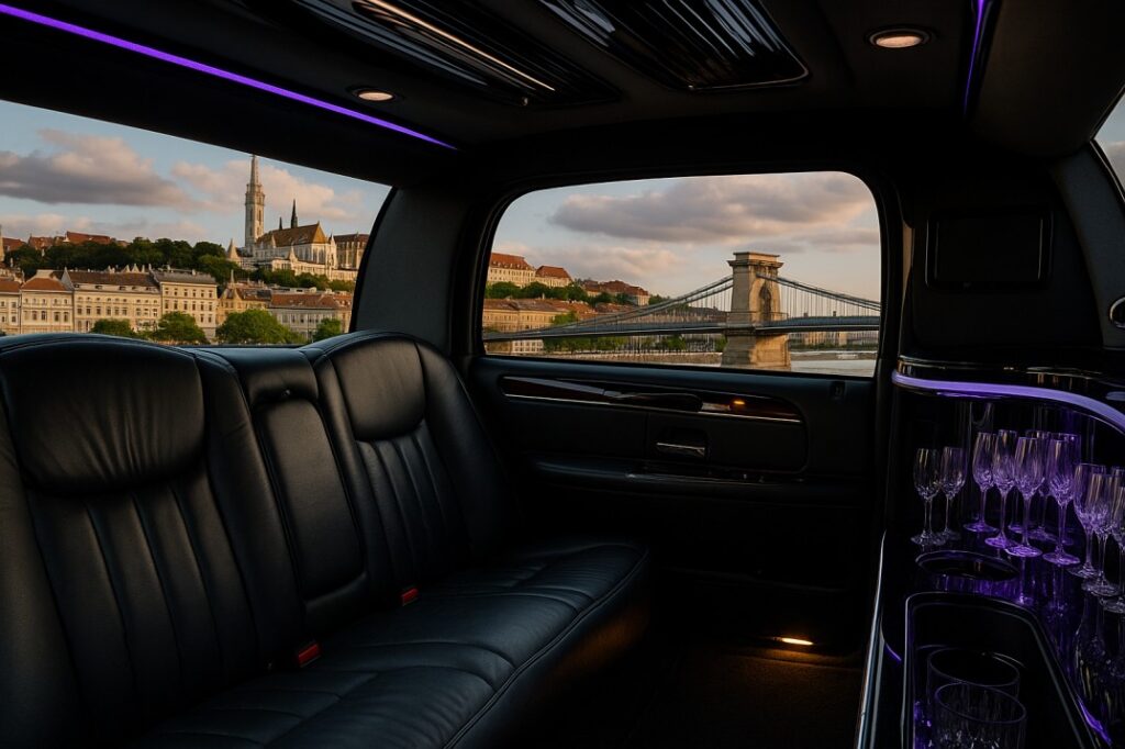 A luxurious Hummer limousine interior in Budapest, featuring plush leather seating, LED mood lighting, and a built-in mini bar — showcasing the premium comfort of limousine rental Budapest experiences.
