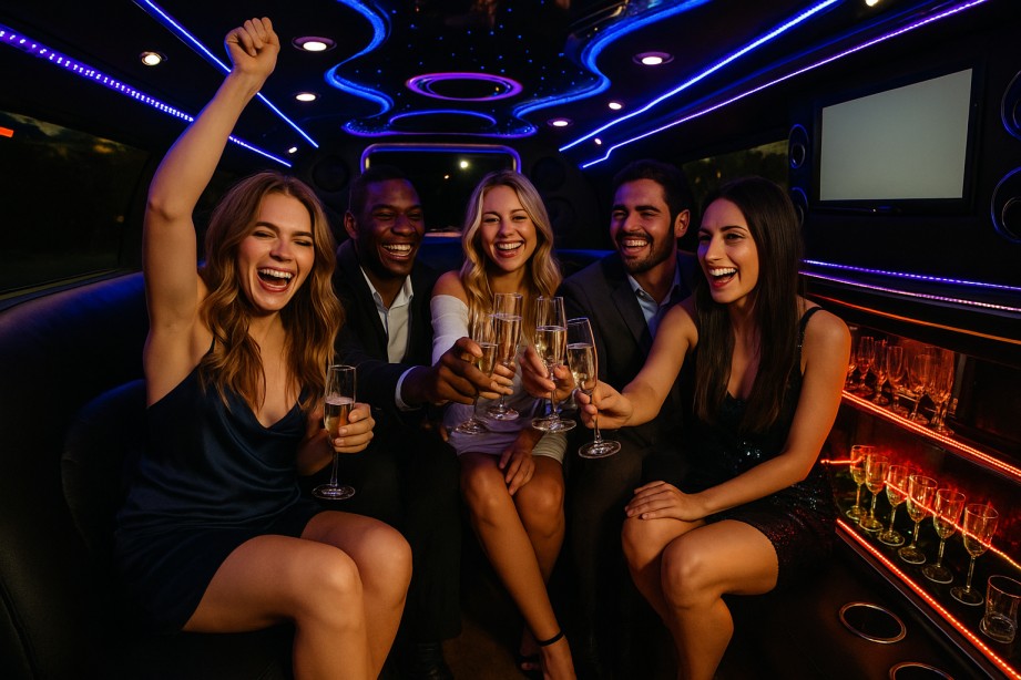 Group of friends enjoying a luxury party limousine rental in Budapest with music, lights, and drinks during a night out.