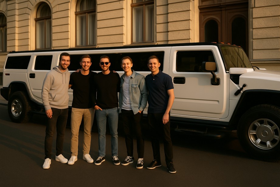Five smiling men posing beside a white Hummer limousine in Budapest, ready for a stag party limo night experience.