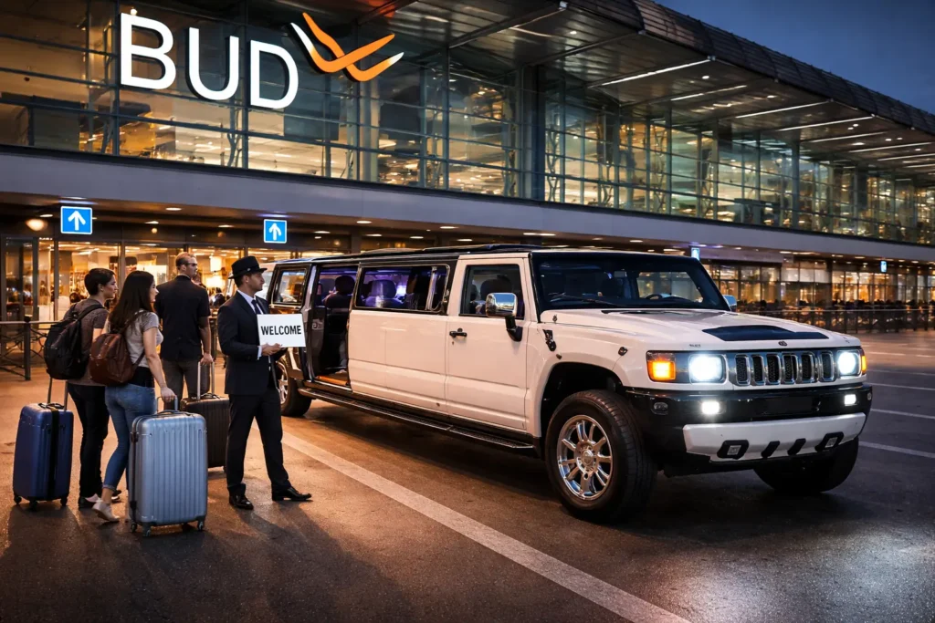 White Hummer limousine waiting at Budapest Airport for an arrivals pickup, a great visual for hummer limo Budapest prices when planning a smooth group transfer with luggage and a professional chauffeur.
