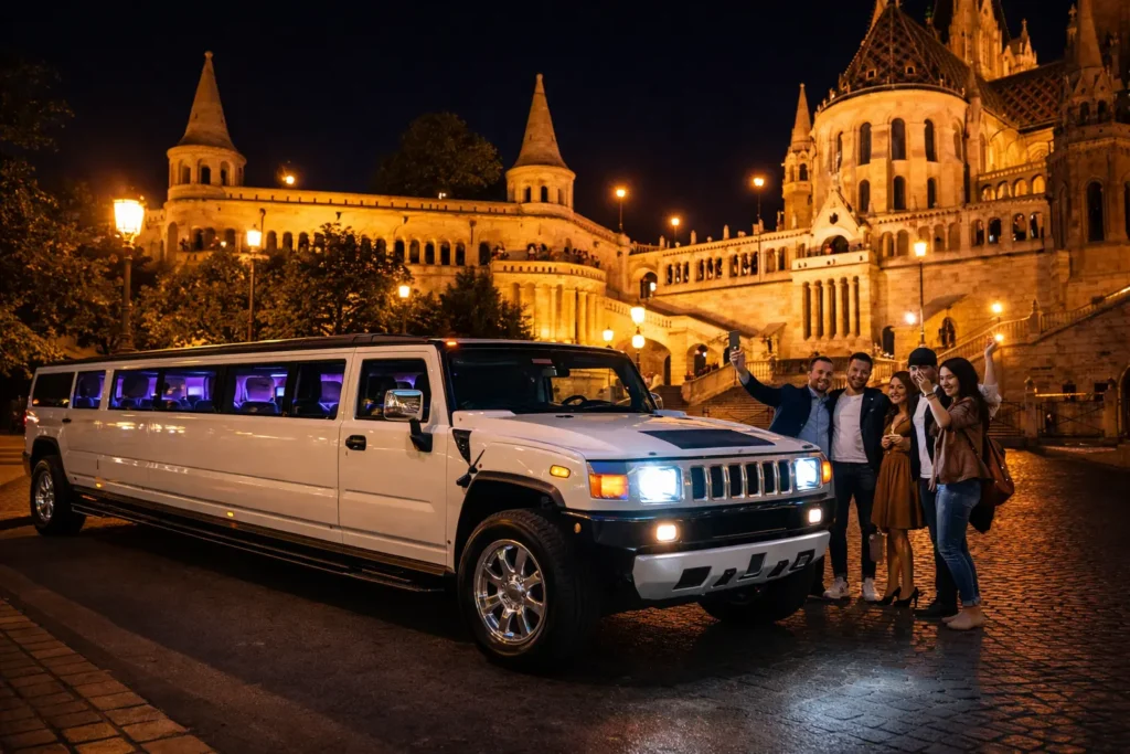 White Hummer limousine stopped for a quick photo moment near Fisherman’s Bastion in Budapest, helpful for understanding hummer limo Budapest prices for a city tour with planned stops.