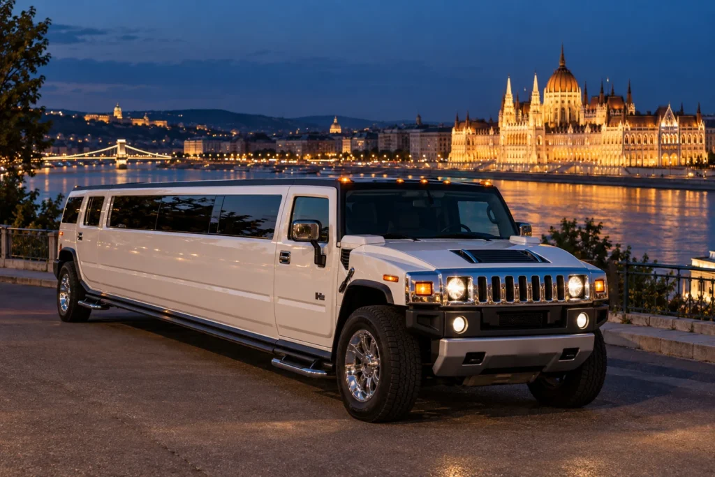 White Hummer limousine beside the Danube with the illuminated Hungarian Parliament in Budapest