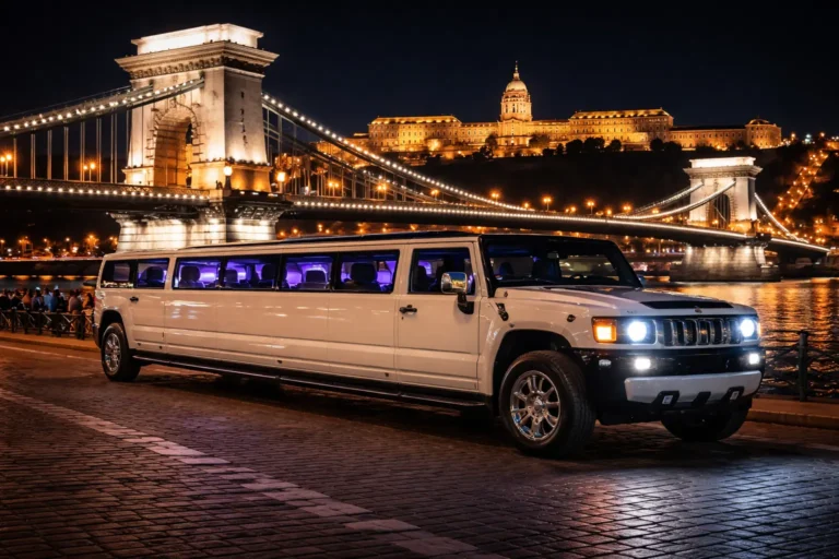 night photo of a white Hummer limousine parked by Budapest’s Chain Bridge, perfect for anyone comparing hummer limo Budapest prices for an airport pickup or a private city tour with photo stops.