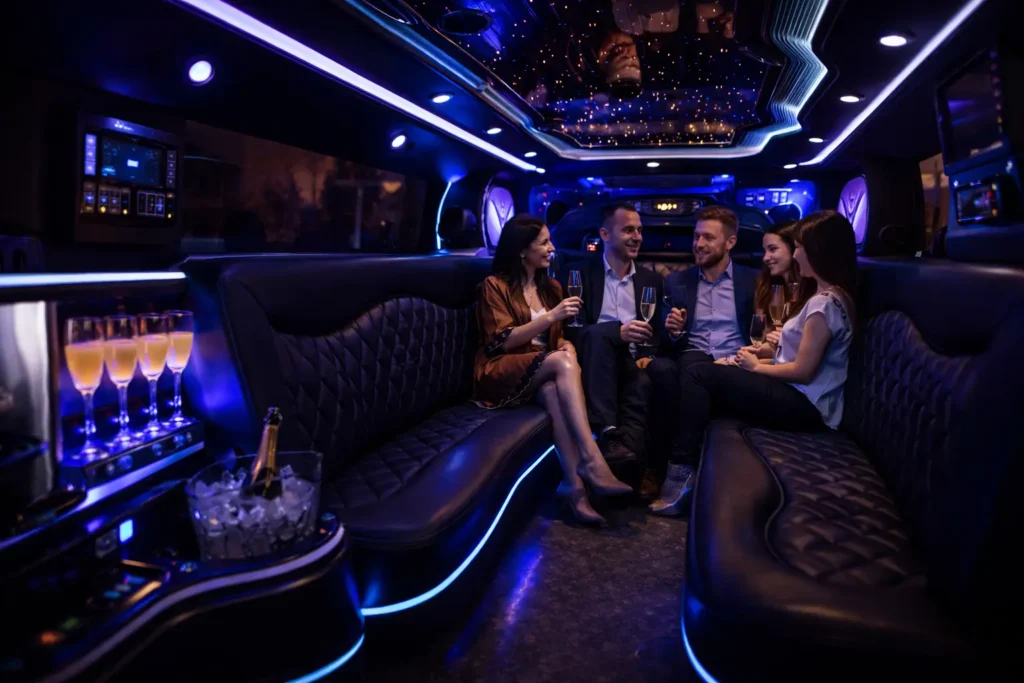 Premium Hummer limousine interior in Budapest with LED lighting and a built-in bar, helpful when comparing hummer limo Budapest prices and choosing the right size for your group.