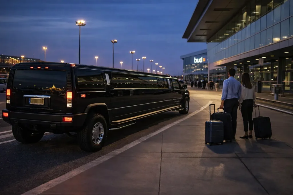 Black stretch Hummer limo waiting at Budapest Airport pick-up area at dusk, couple with luggage heading to the car for an airport transfer