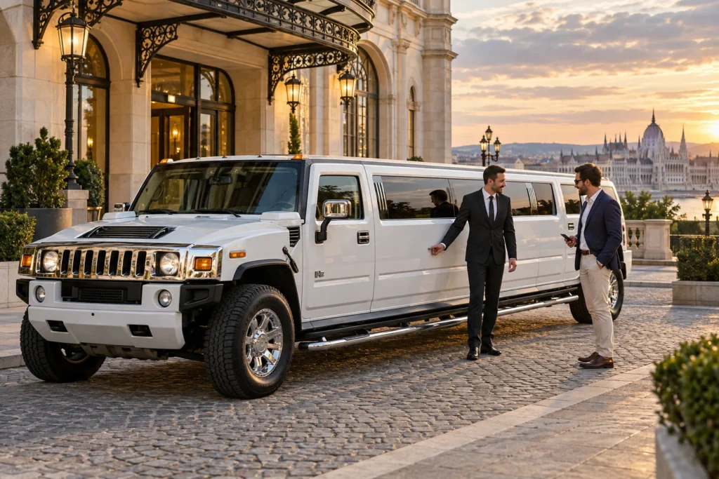 Chauffeur and guest beside a white Hummer limousine outside a Budapest hotel