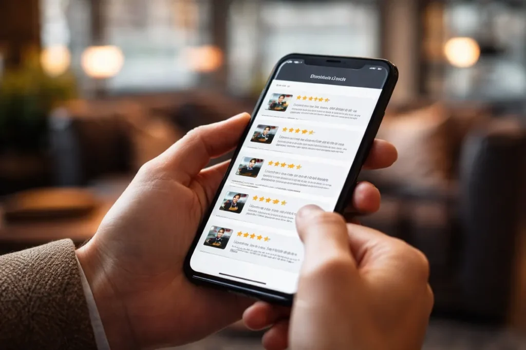 Person checking limousine service reviews on a smartphone, researching trustworthy limo companies in Budapest.