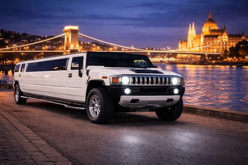 White stretch Hummer limo in Budapest parked by the Danube at night, with the Chain Bridge and Parliament in the skyline