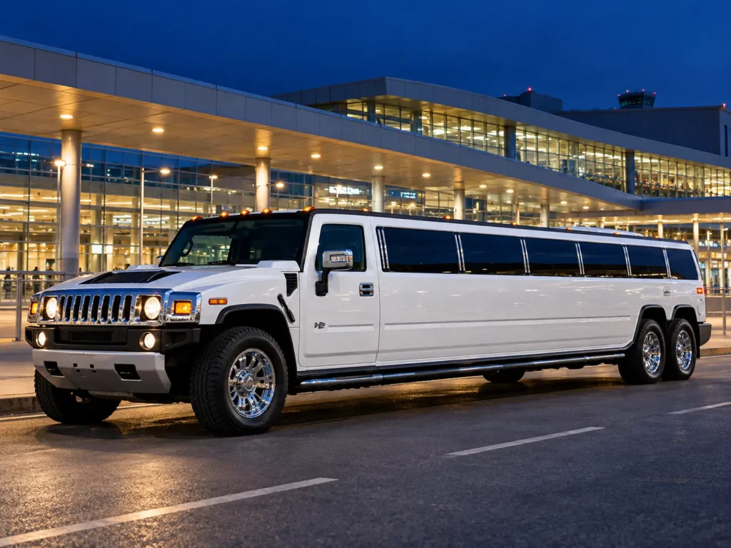 White Hummer limousine for a private airport transfer in Budapest.