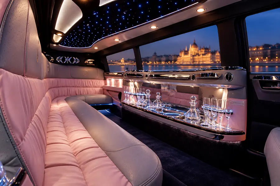 Cadillac limousine interior with pink leather seating and blue ceiling lights