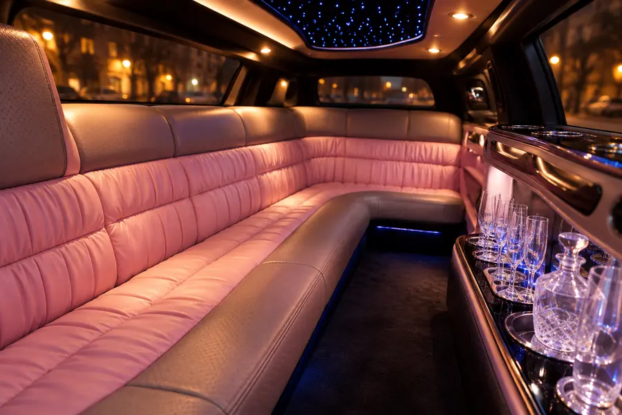 Pink leather seating and an illuminated bar inside a Cadillac party limousine.