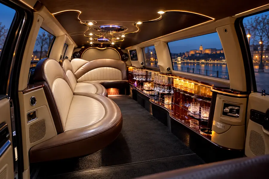 Cream leather seating and a lit drinks bar inside a Ford Excursion limousine.