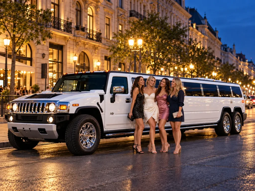 Bride-to-be and friends beside a white Hummer limousine in Budapest