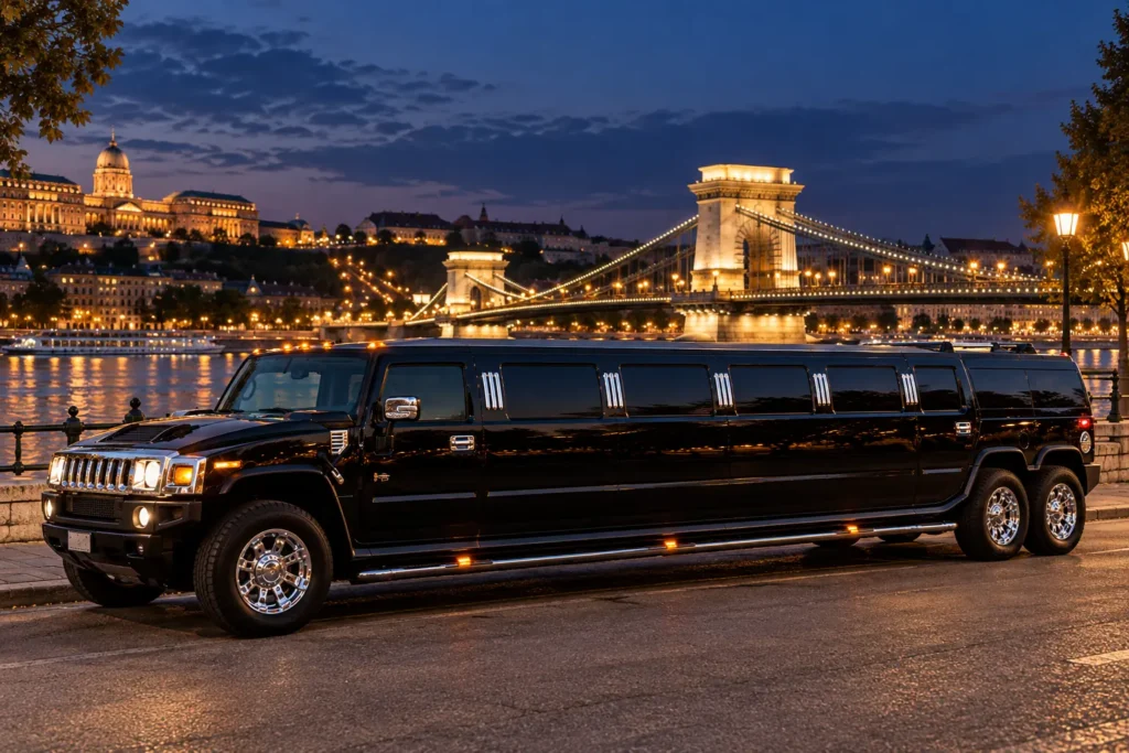 Black Hummer limo in Budapest beside the illuminated Chain Bridge