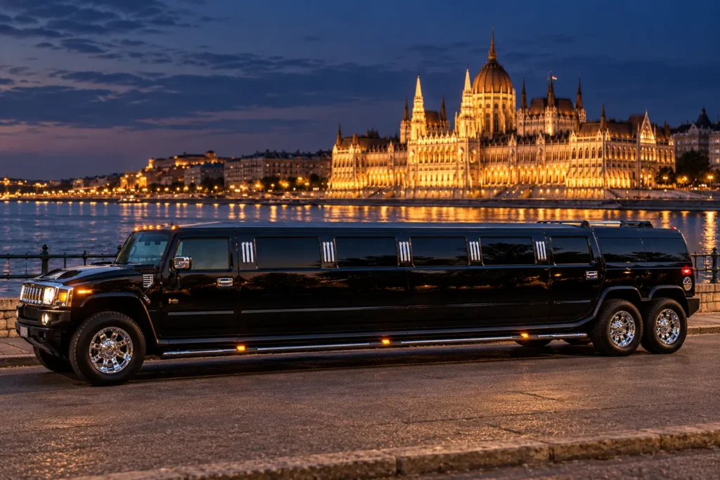 Black Hummer limousine with twin rear axles beside the Danube in Budapest
