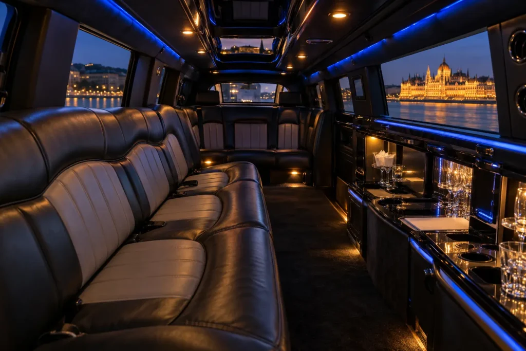 Hummer limo interior with leather seating and views of Budapest Parliament