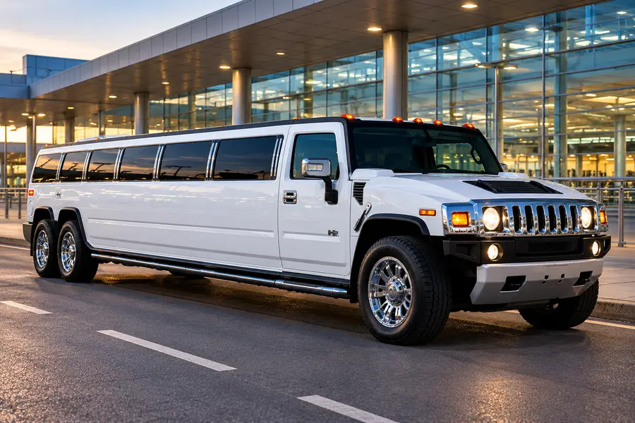 White Hummer limousine with twin rear axles at a Budapest airport pickup point.