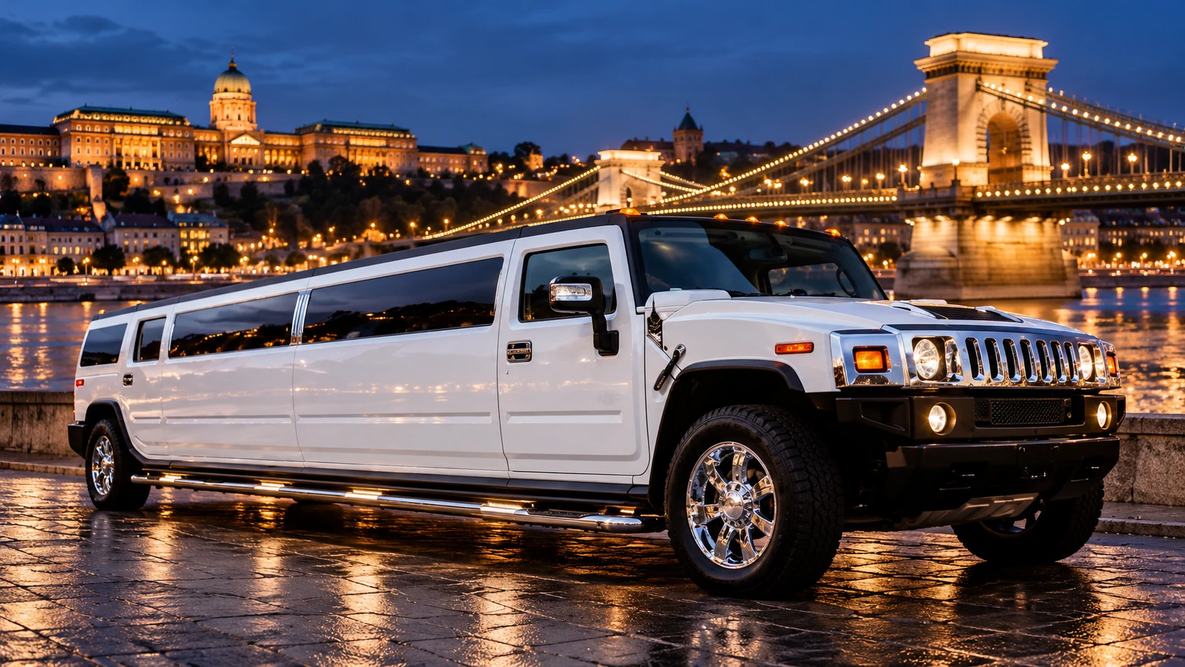 White Hummer limousine beside Budapest’s illuminated Chain Bridge at dusk.