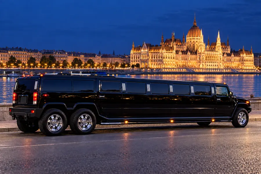 Black Hummer limousine with twin rear axles beside the Danube in Budapest