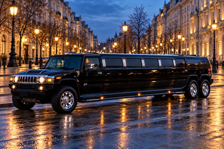 Black Hummer stretch limousine with twin rear axles on a Budapest street.
