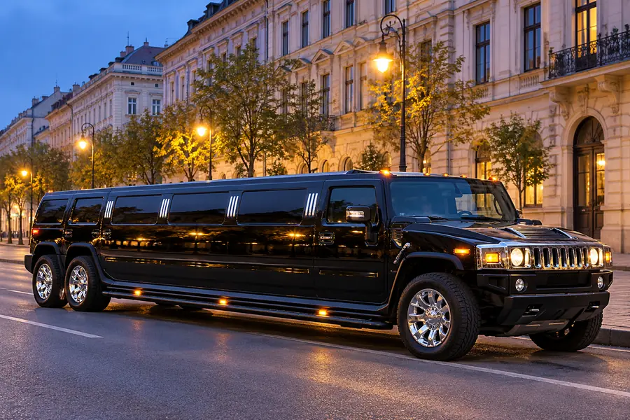 Black Hummer XXL limousine with twin rear axles on a Budapest street at dusk