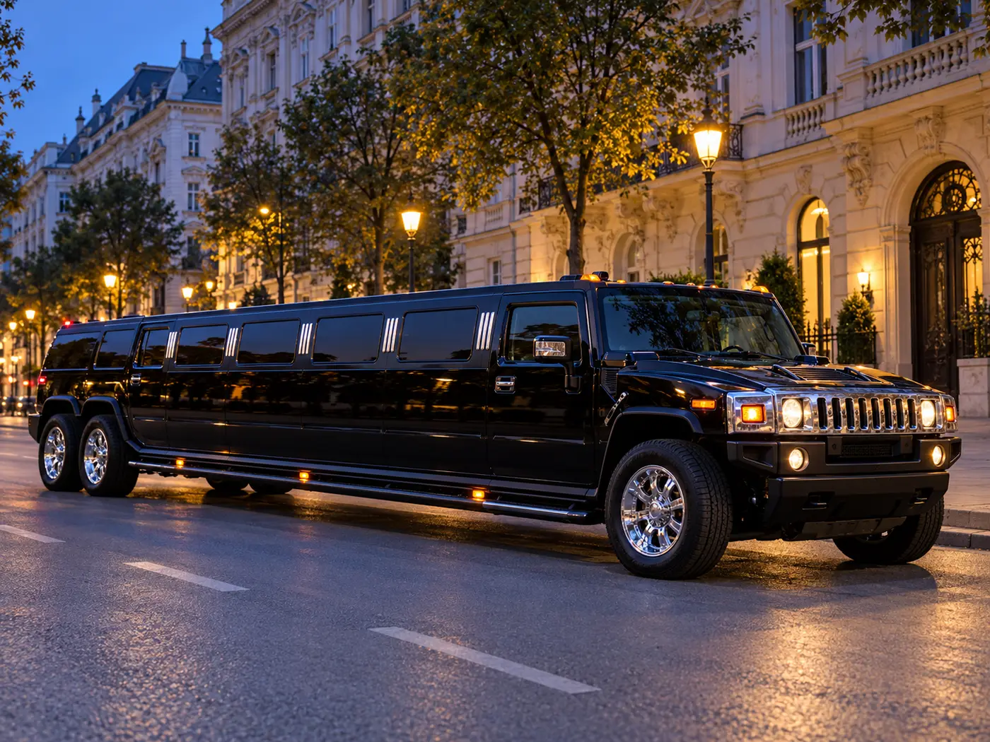 Black Hummer limousine with twin rear axles on a Budapest avenue at dusk.