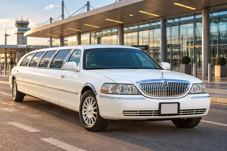 White Lincoln stretch limousine outside the terminal for a Budapest airport transfer