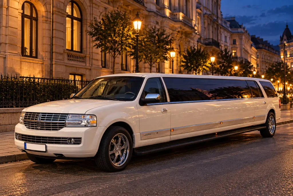 White Lincoln Navigator limousine on a Budapest street at dusk