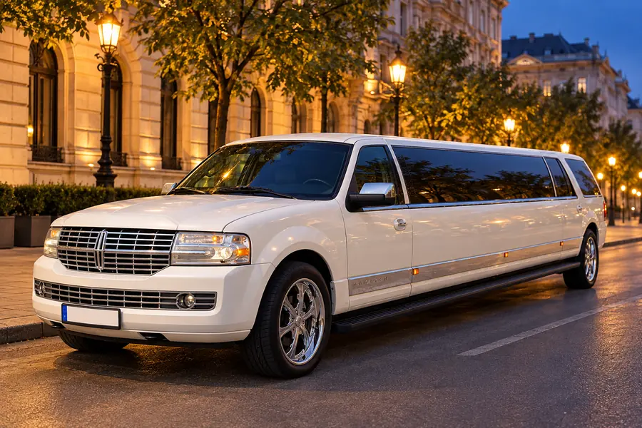 White Lincoln Navigator stretch limousine parked in Budapest at dusk